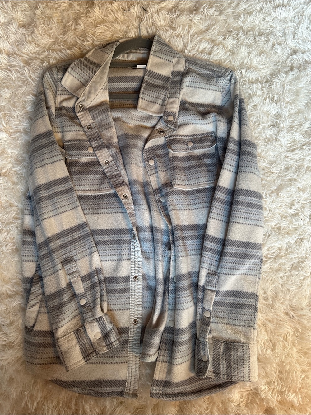 O’Neil cozy flannel Striped Button-Front Shacket in Cream and Gray